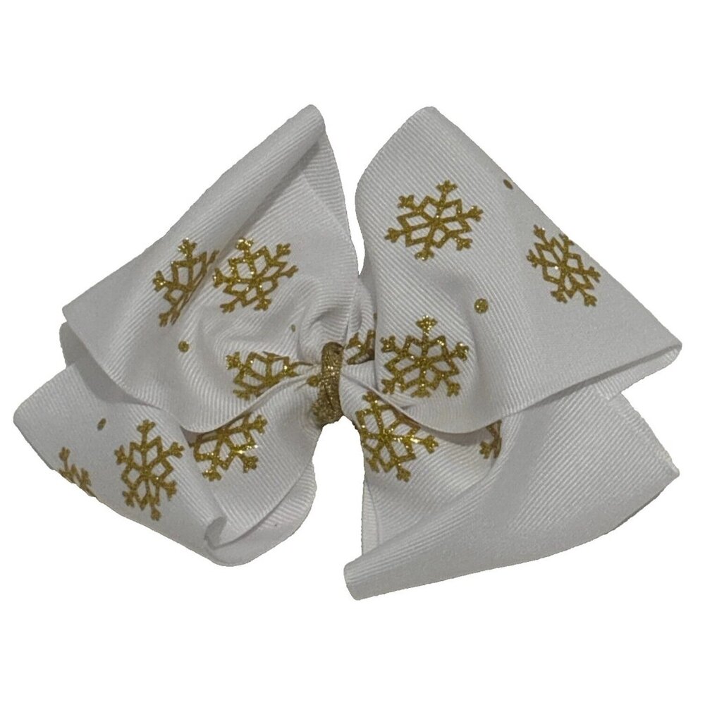 NEW Handmade Ribbon Hair Bow White Gold Snowflake Fabric Christmas Dress Clip 6"